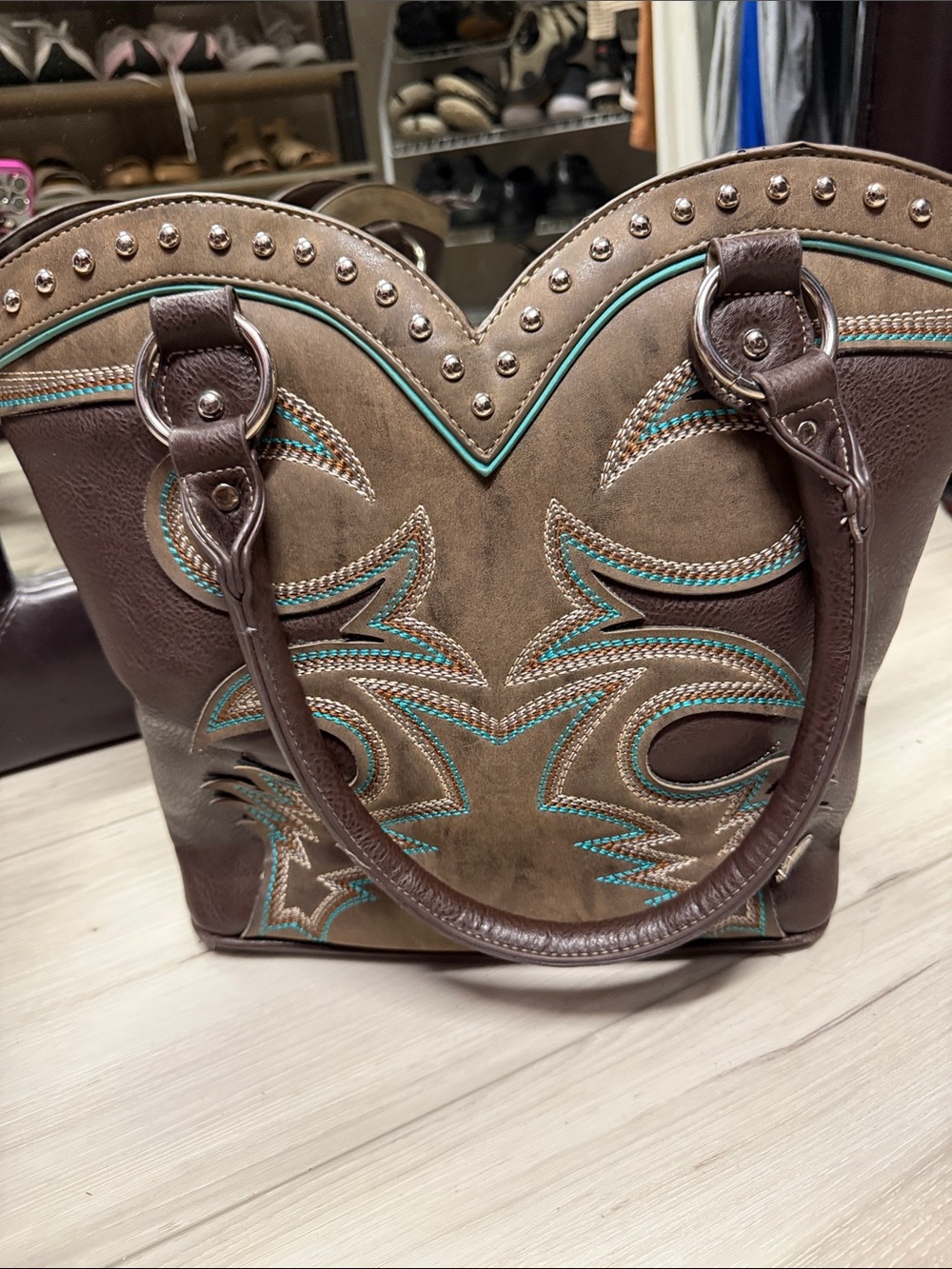 Justin Concealed Carry Brown and Turquoise Embroidered Leather Tote